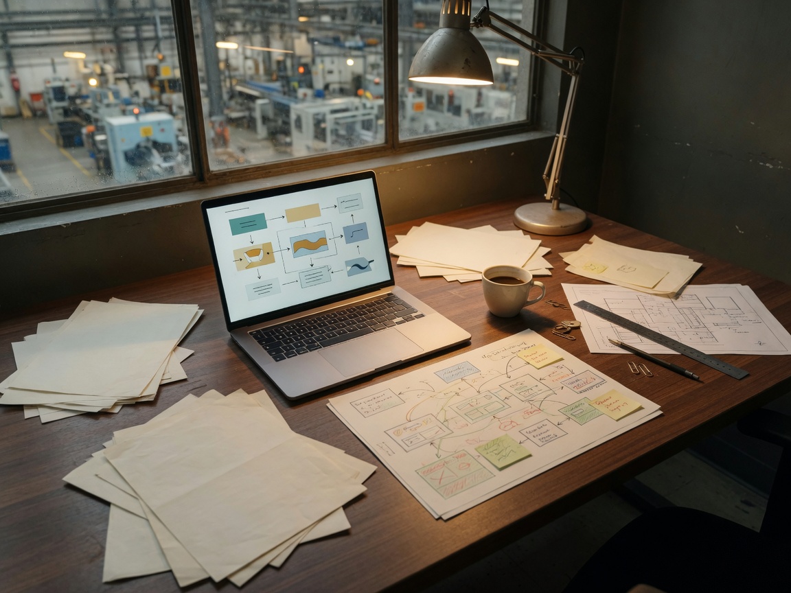 A work table with process maps and a laptop, factory floor visible through the window.
