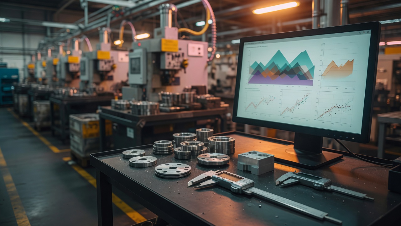 Machined metal parts, calipers, and a quality dashboard on a factory bench.